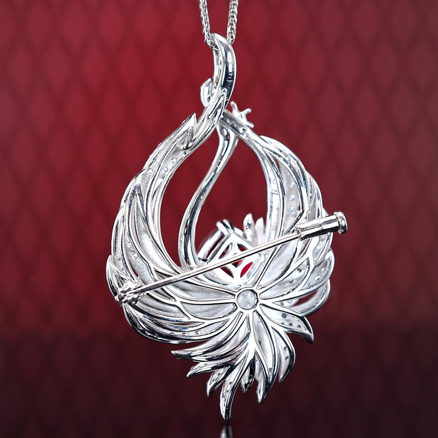 Micro-setting Ruby color Lab created stones red-crowned crane multi-purpose necklace and brooch, sterling silver