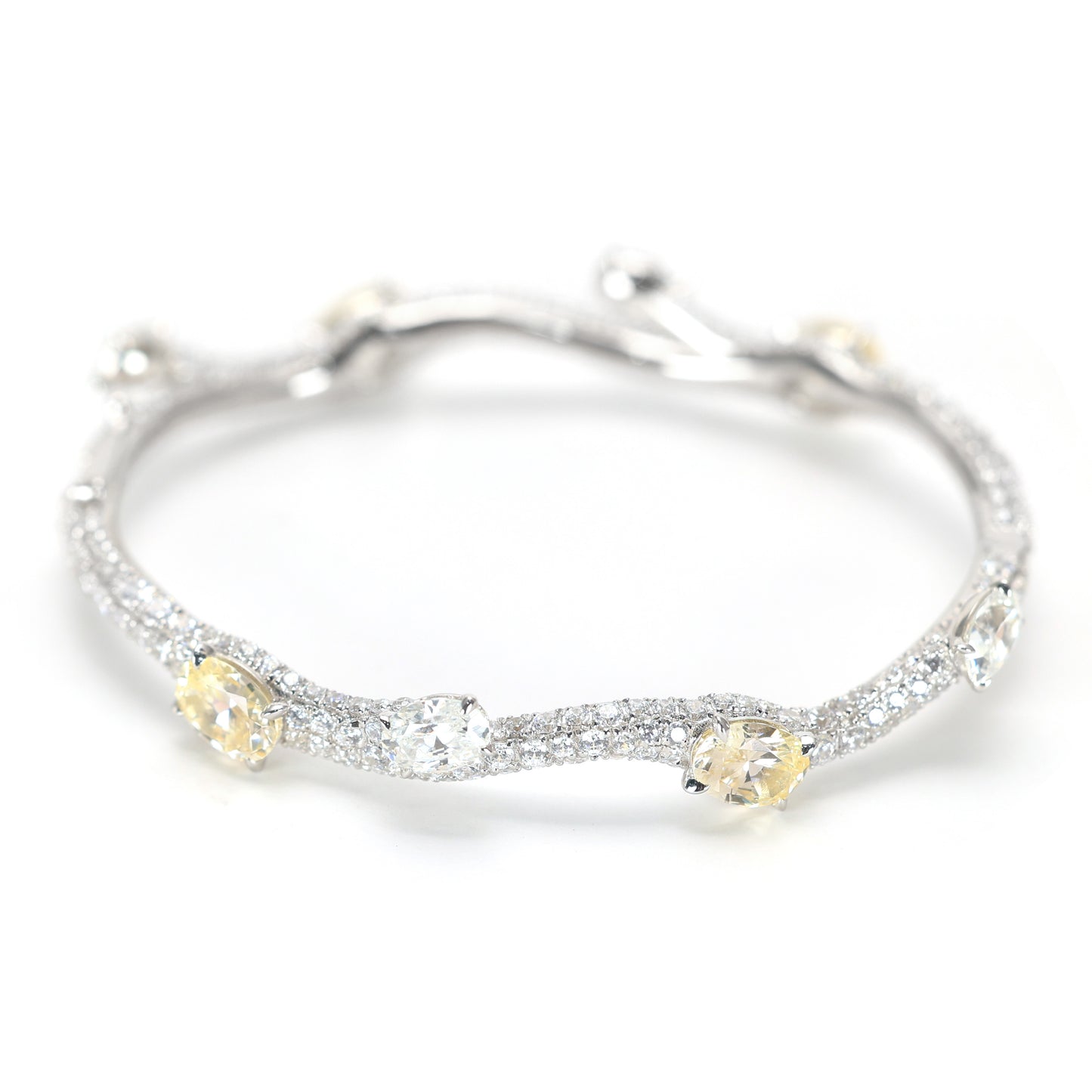 Micro-setting Yellow diamond color Lab created stones artistic bangle, sterling silver