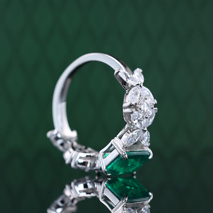 Pierres créées en laboratoire de couleur émeraude micro-serties Bague rectangulaire en forme d'œil de cheval, argent sterling