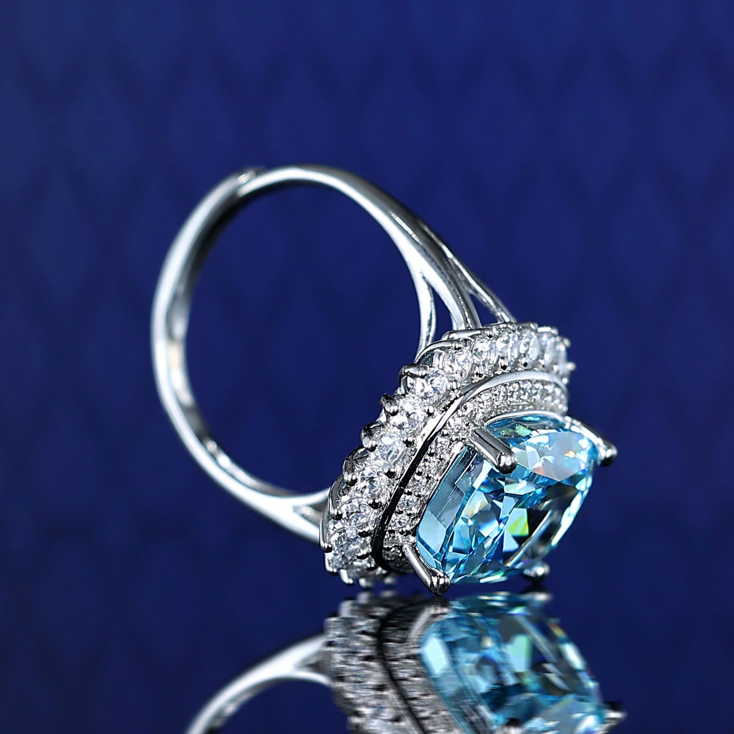 Promotion design: Micro-setting Aquamarine color Lab created stones sparkle ring, sterling silver