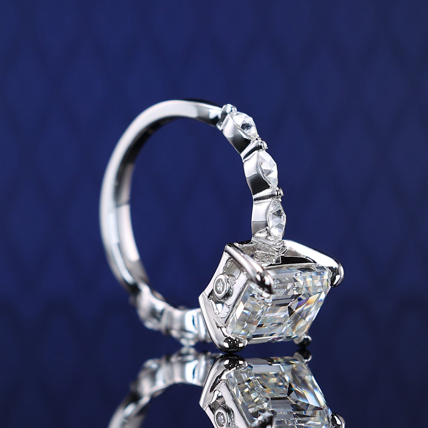 Micro-setting Emerald cut Lab created stones ring sterling silver