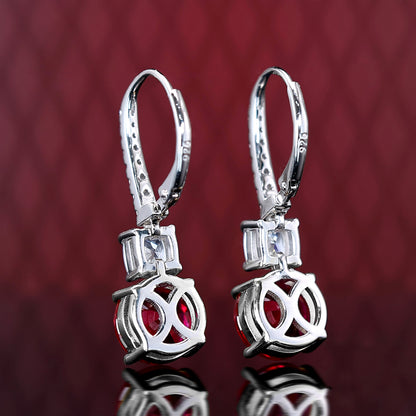 Micro-setting Ruby color round lab created stones 4 prong hook earrings, sterling silver