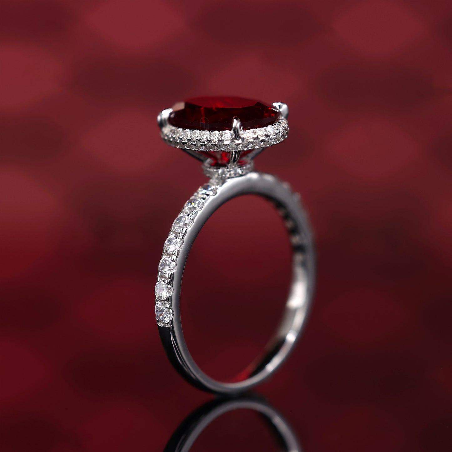 Micro-setting Ruby color Lab created stones Pigeon egg shape ring sterling silver