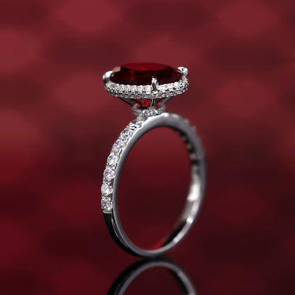 Micro-setting Ruby color Lab created stones Pigeon egg shape ring sterling silver