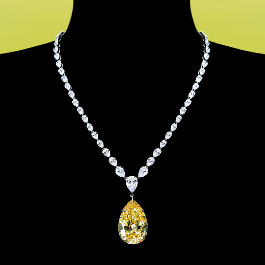 Micro-setting Yellow and clear diamond color Lab created stones detailed classic waterdrop necklace, sterling silver