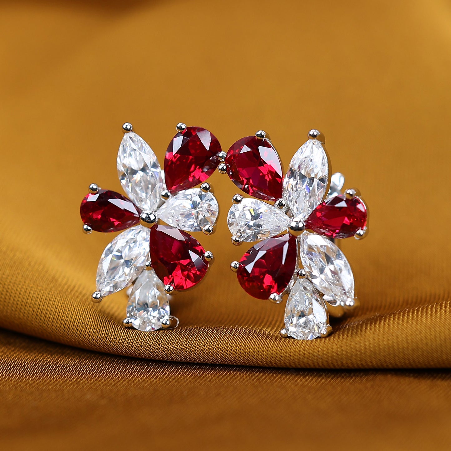 Micro-setting Ruby and diamond color Lab created stones waterdrops petal earrings, sterling silver