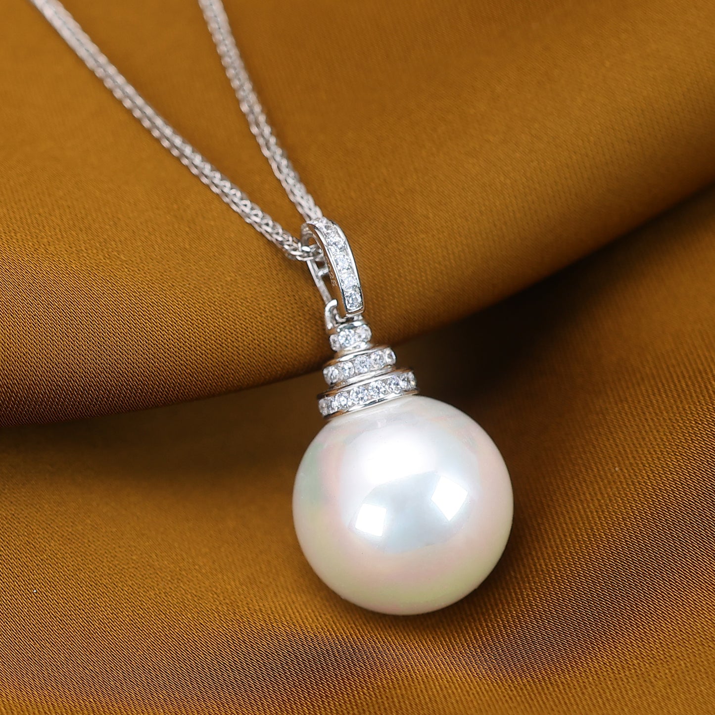 Micro-setting lab created stones White Shell Pearl Classic necklace, sterling silver