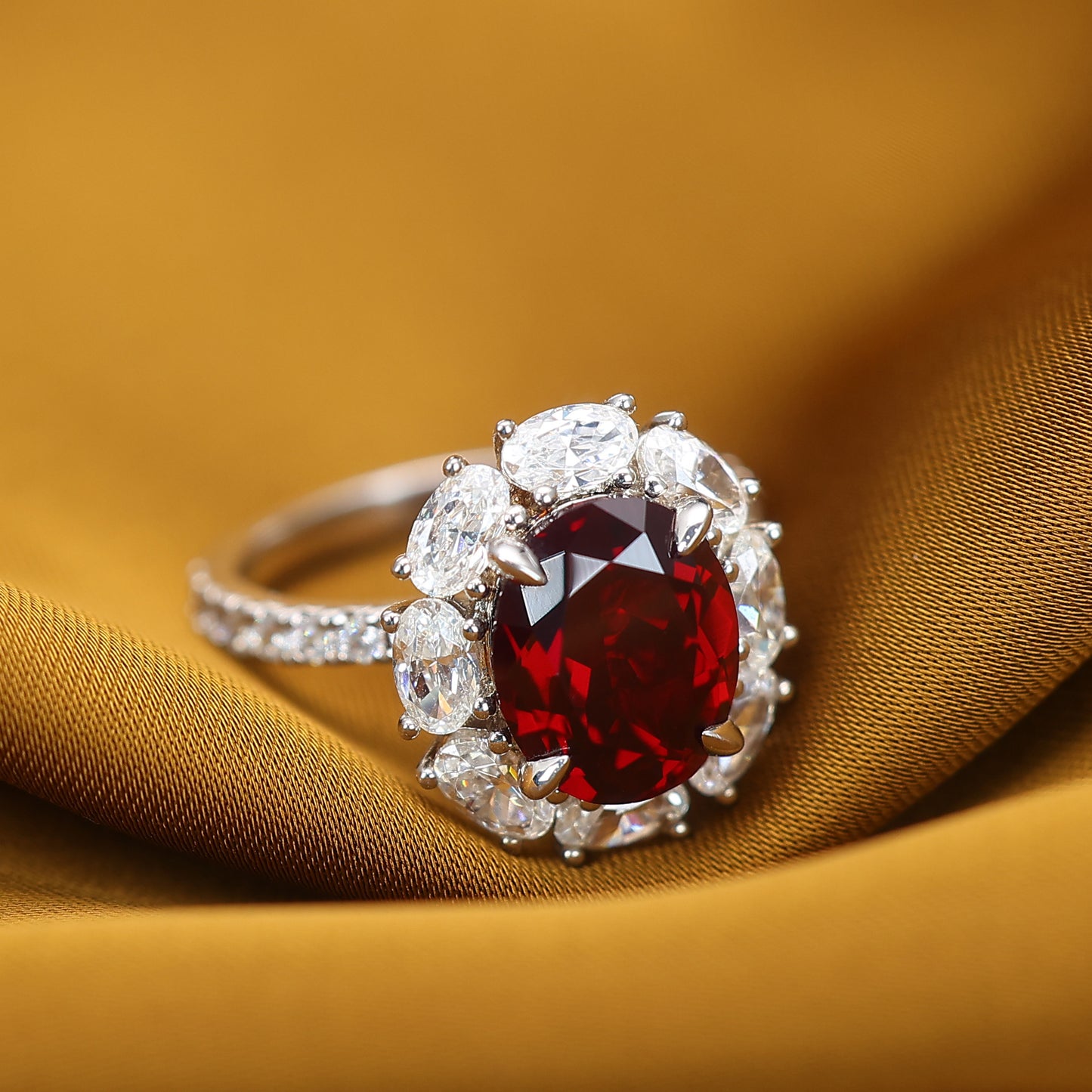 Promotional design Micro-setting Ruby color Lab created stones Diana ring, sterling silver.  (5 carat)