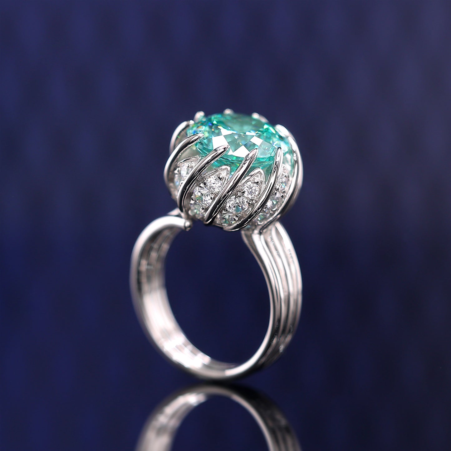 Micro-setting Paraiba color Lab created stones luxurious inlaid Lotus ring, sterling silver