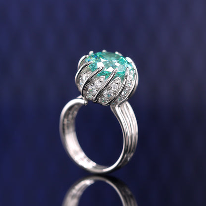 Micro-setting Paraiba color Lab created stones luxurious inlaid Lotus ring, sterling silver