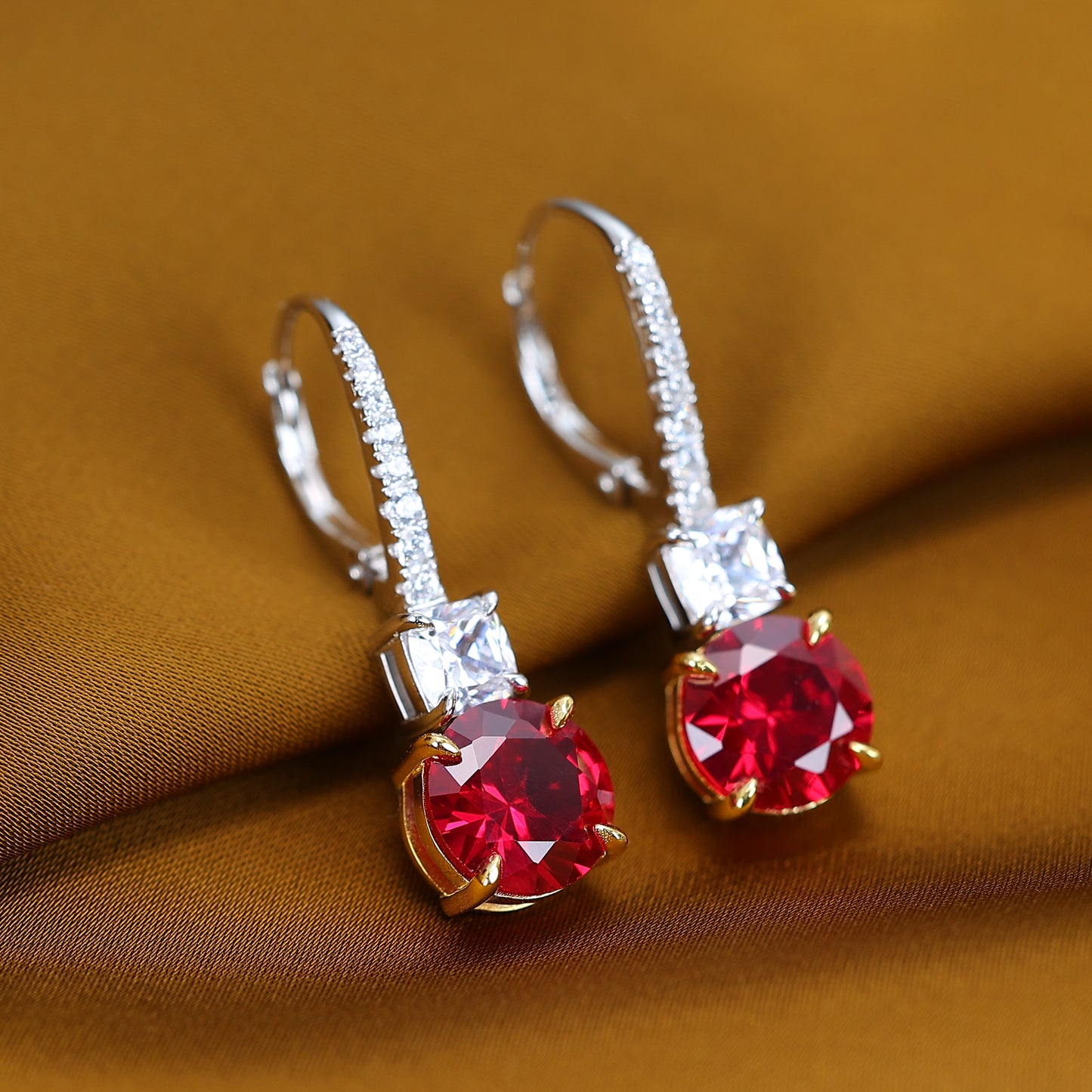 Micro-setting Ruby color round lab created stones 4 prong hook earrings, sterling silver