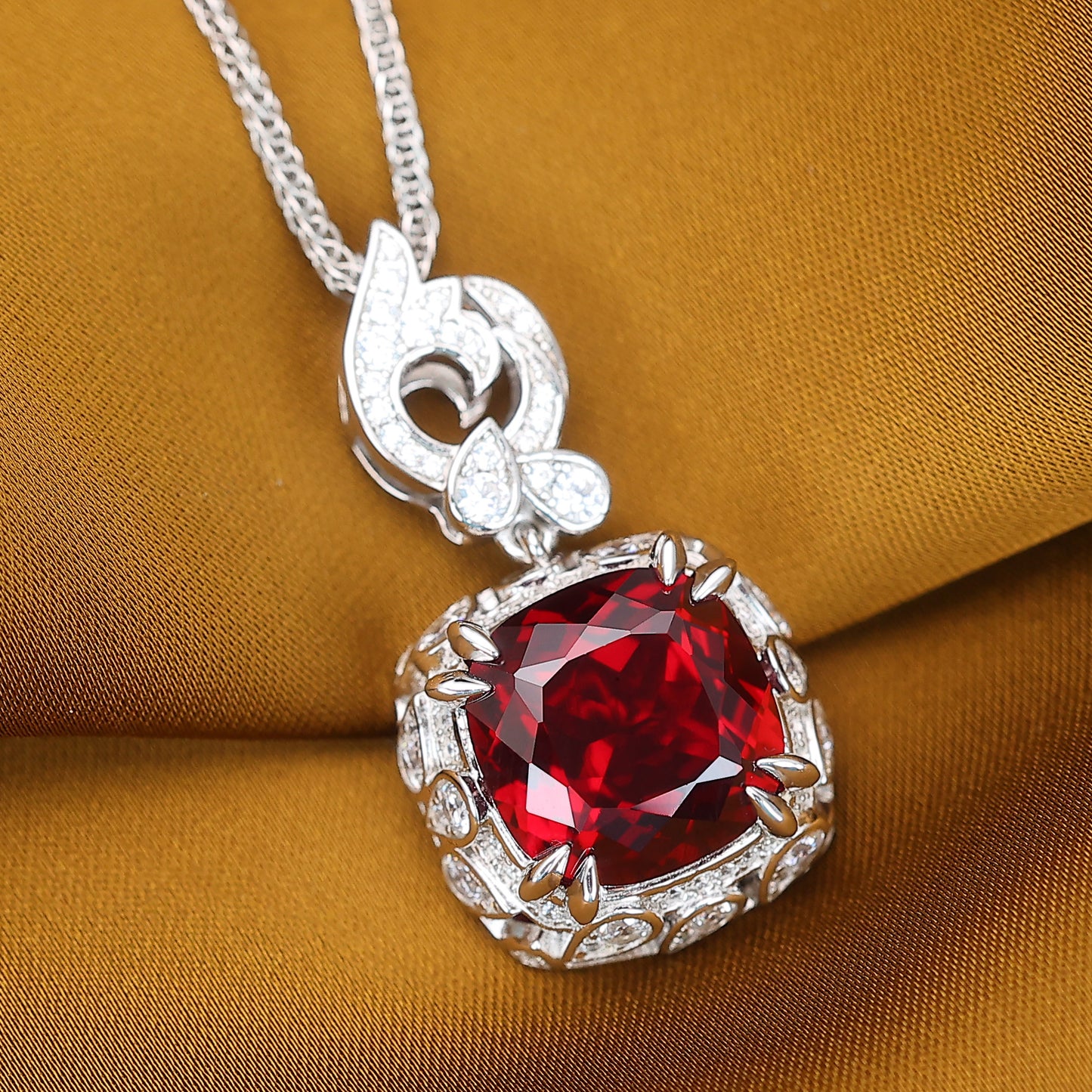 Promotion design：Micro-setting Ruby color Square-shape Birds paying homage to the phoenix necklace, sterling silver