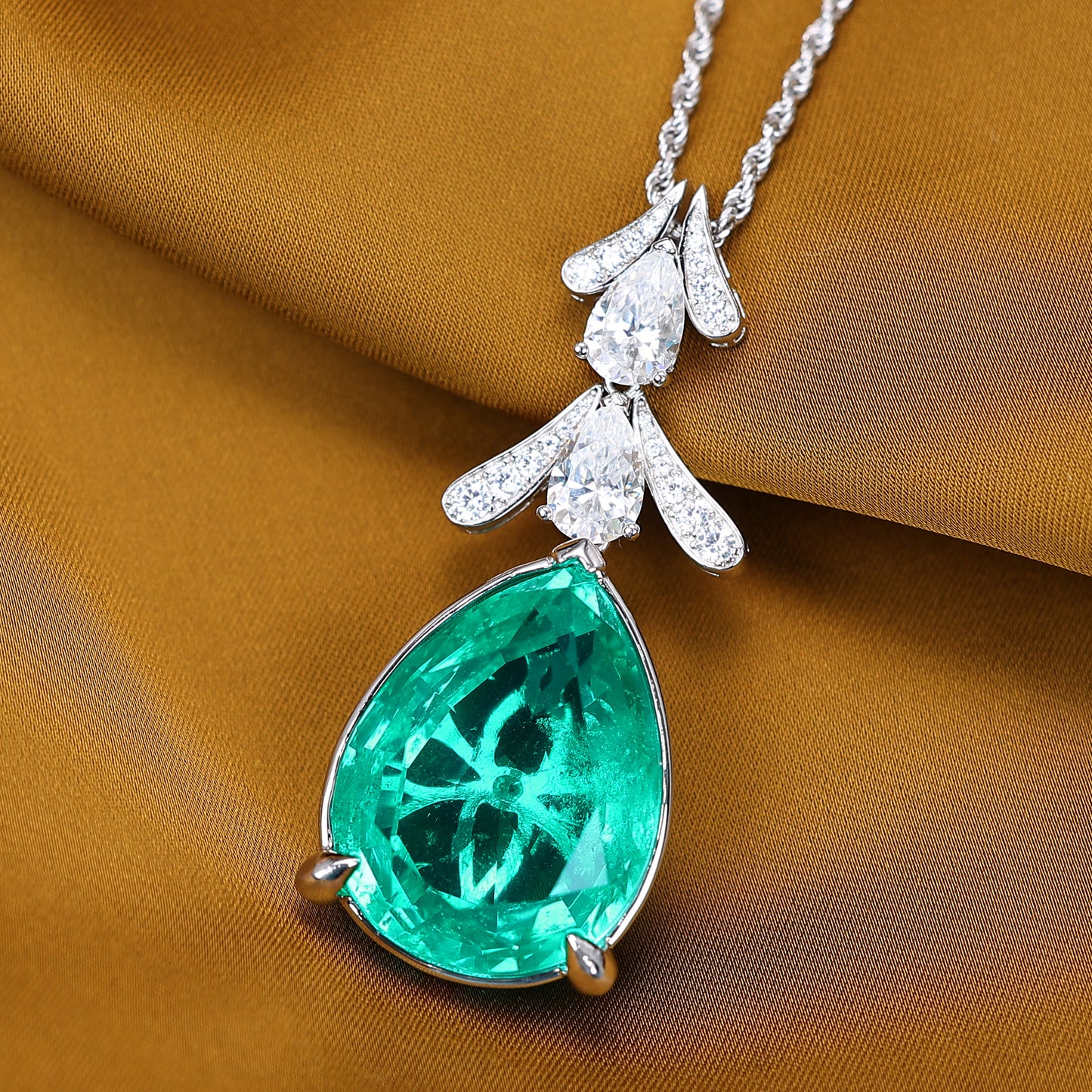 Micro-setting Emerald color Lab created stones water-drop fancy necklace, sterling silver