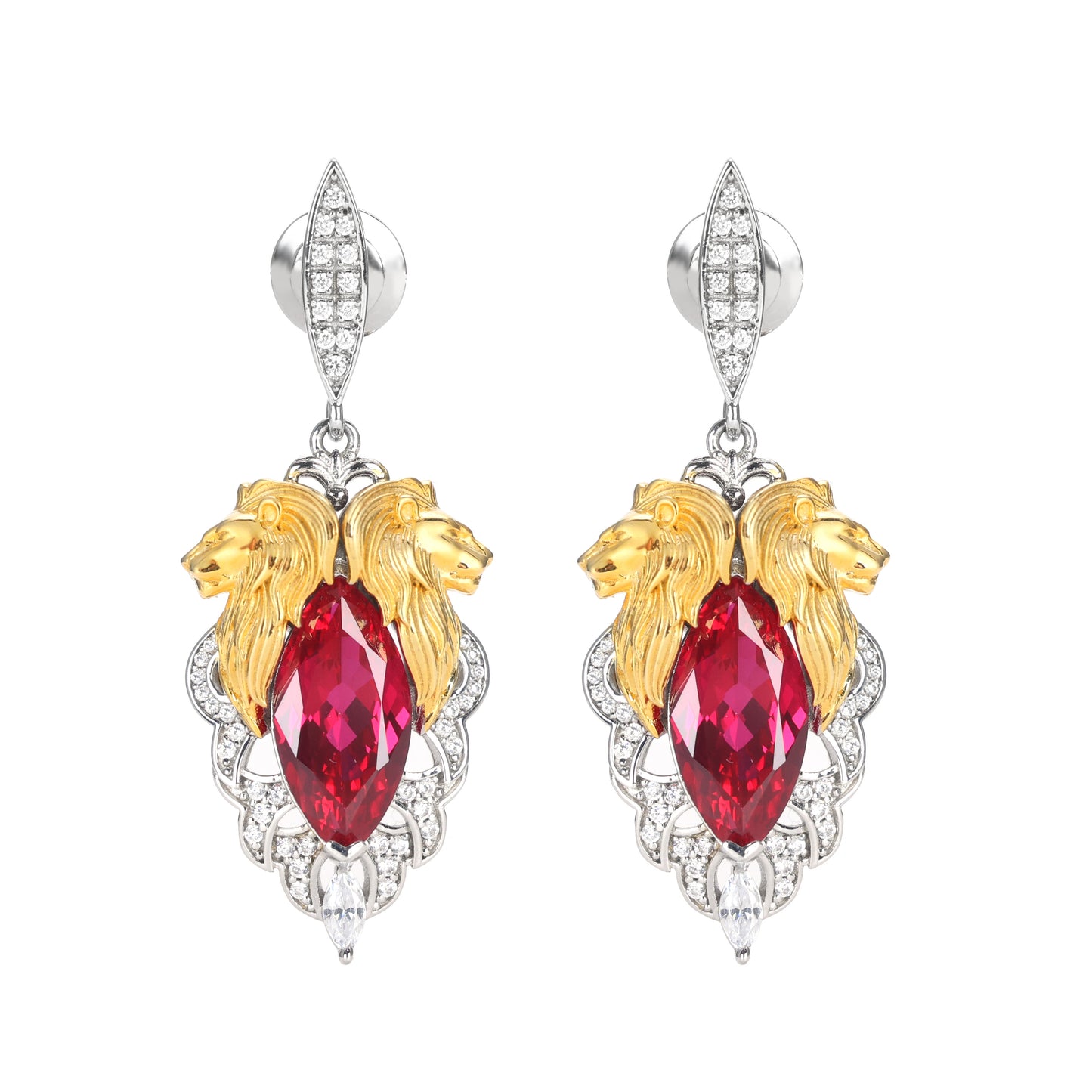 Micro-setting Ruby color lab created stones Double platting the lion king earrings, sterling silver