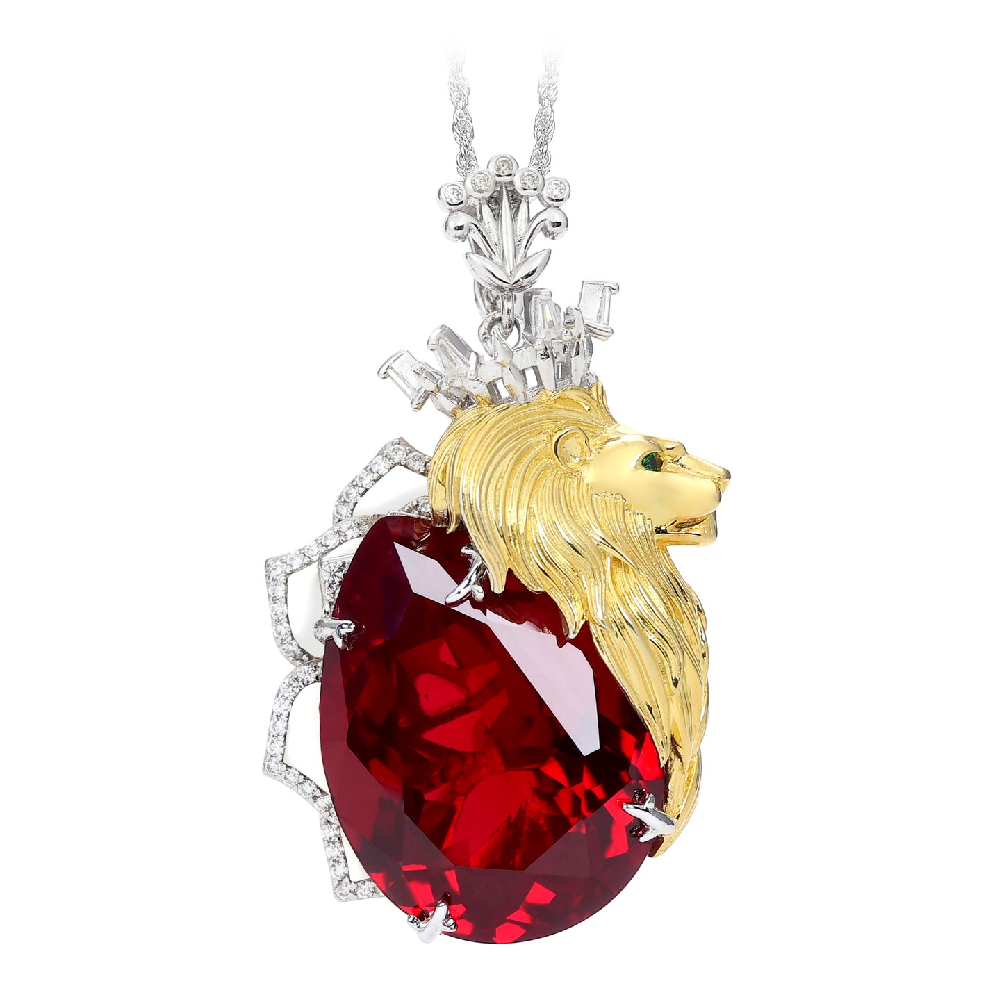 Micro-setting Ruby color lab created stones Double platting the lion king pendant, sterling silver