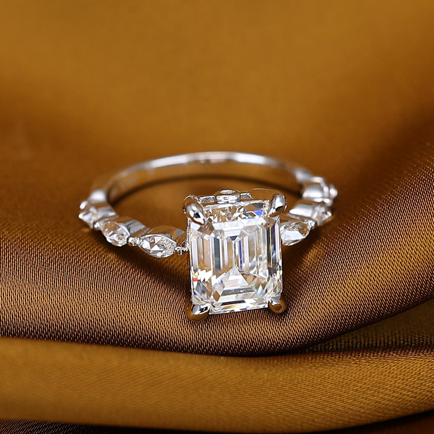 Micro-setting Emerald cut Lab created stones ring sterling silver