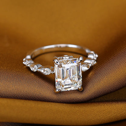 Micro-setting Emerald cut Lab created stones ring sterling silver