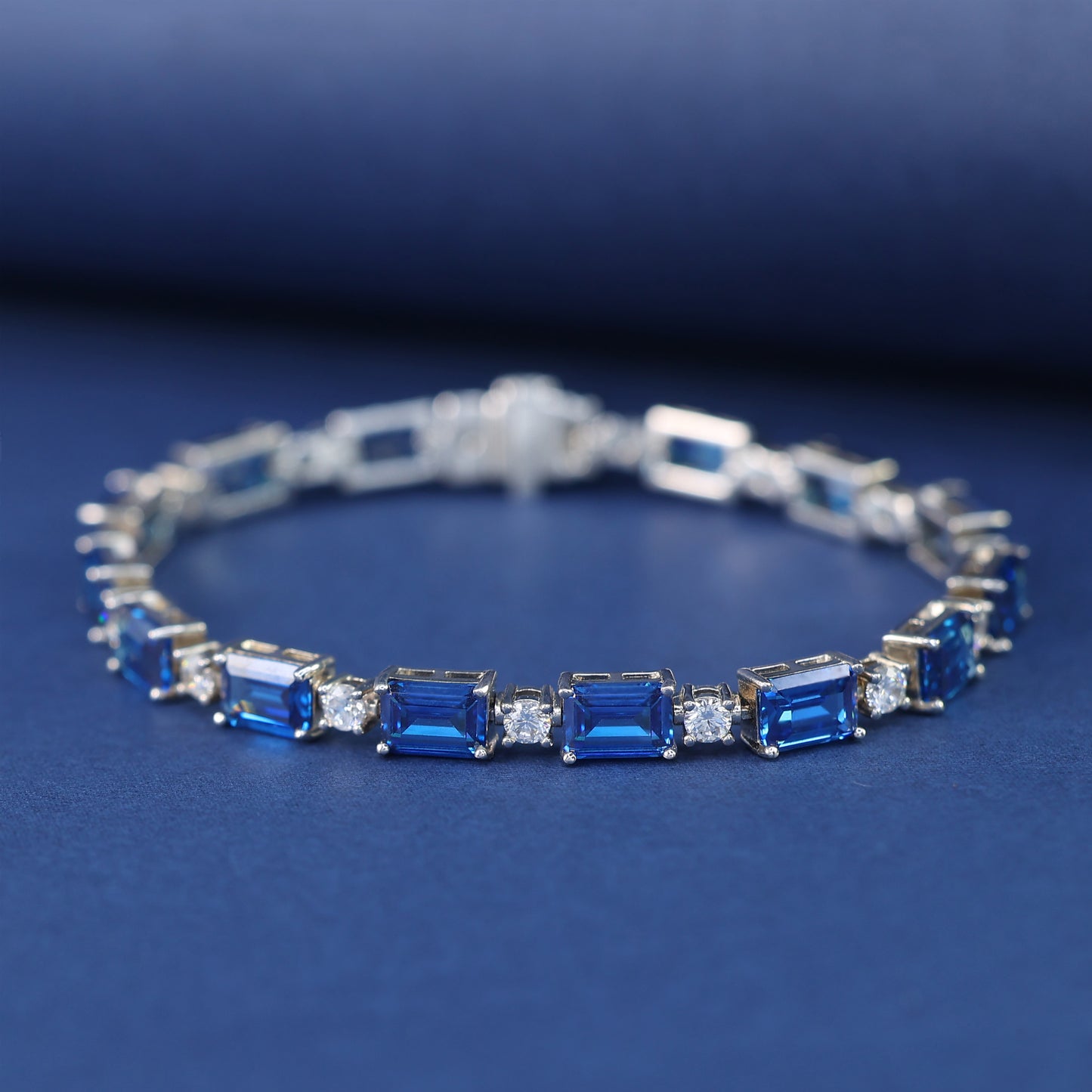 Only 1 Micro-setting Sapphire color emerald cut Lab created stones fully studded bracelet,sterling silver