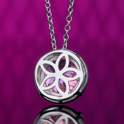 Micro-setting Pink diamond color Firework cut Lab created stones round shape necklace, sterling silver, (5 carat)