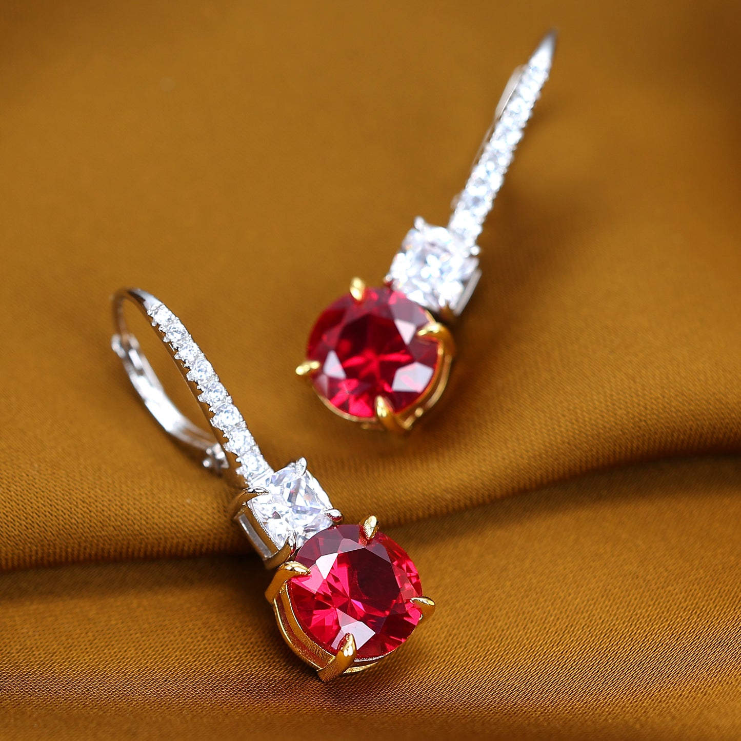 Micro-setting Ruby color round lab created stones 4 prong hook earrings, sterling silver