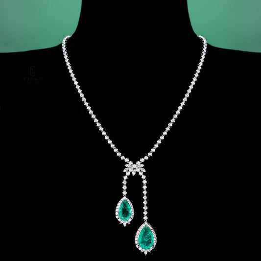 Micro-setting Emerald color Lab created stones 2  Drops tennis chain necklace, sterling silver