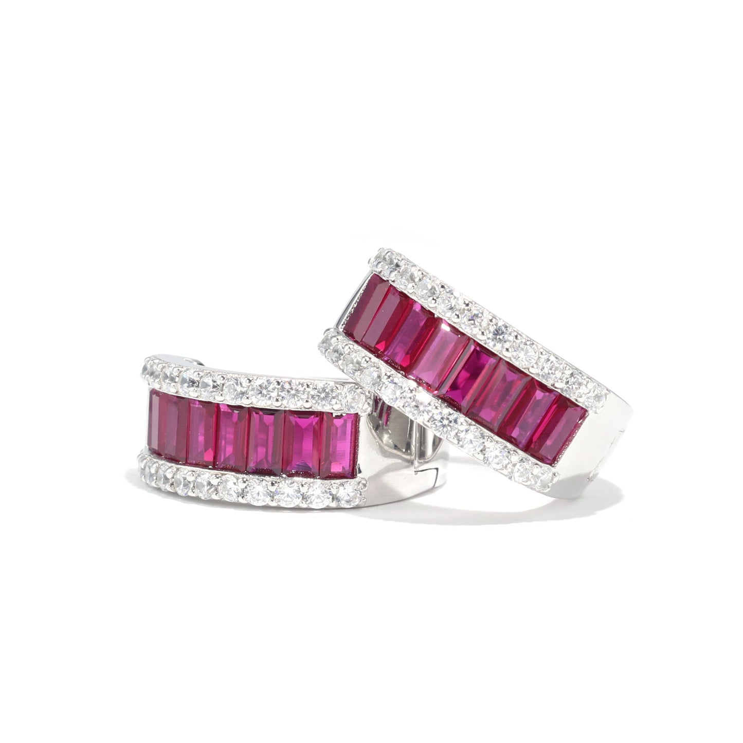 Micro-setting Ruby color invisible setting Lab created stones mordern ear loops, sterling silver