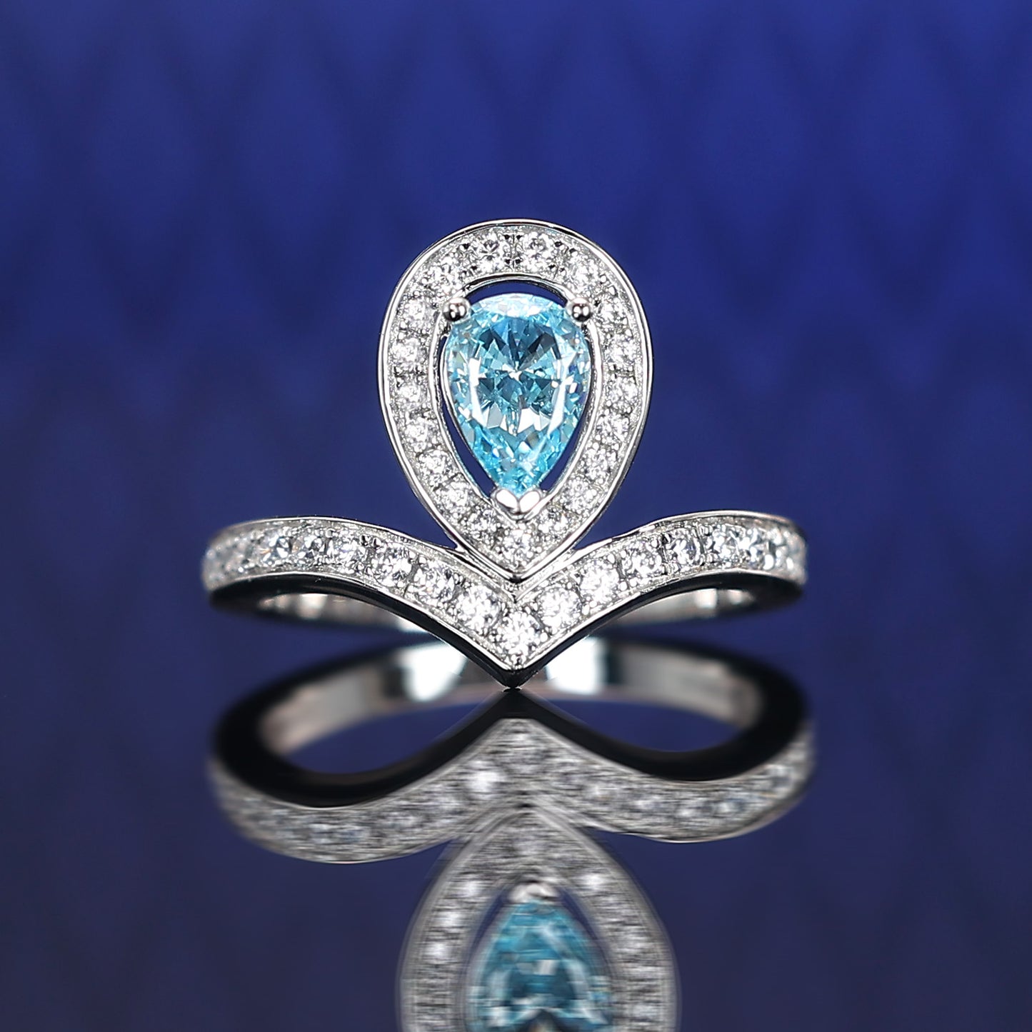 Promotional design Micro-setting Aquamarine color Lab created stones crown ring, sterling silver.