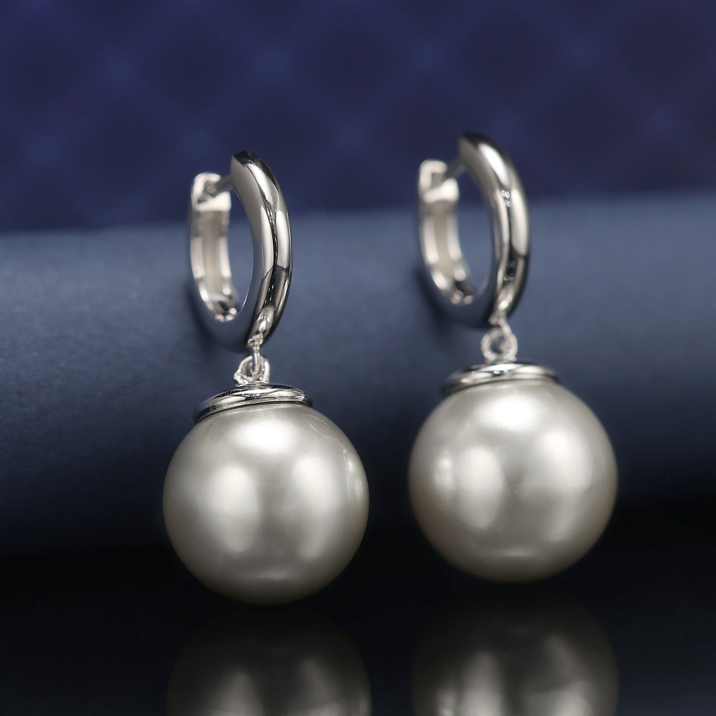 Micro-setting lab created stones Light grey Shell Pearl Classic earrings, sterling silver