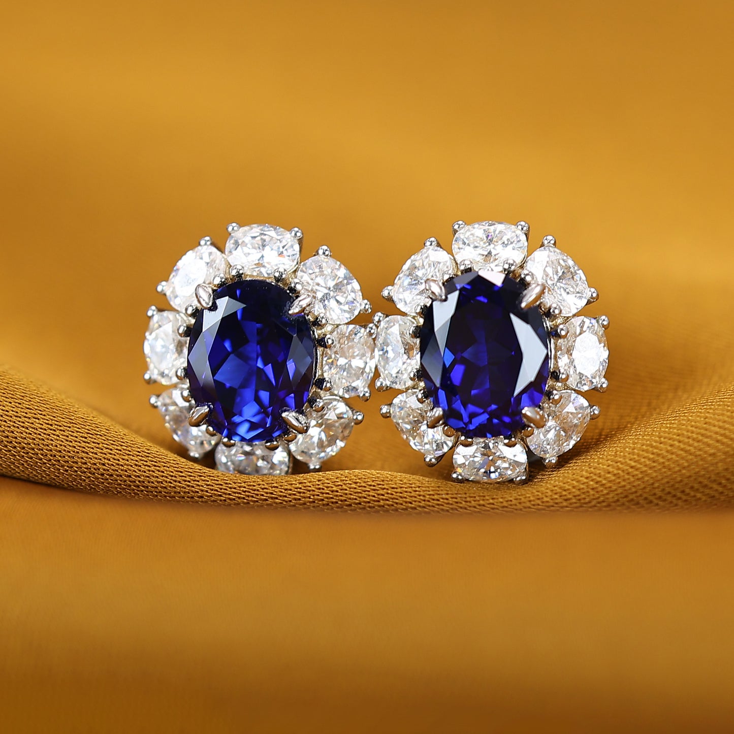 Promotional design Micro-setting Sapphire color lab created stones oval shape diana earrings, sterling silver