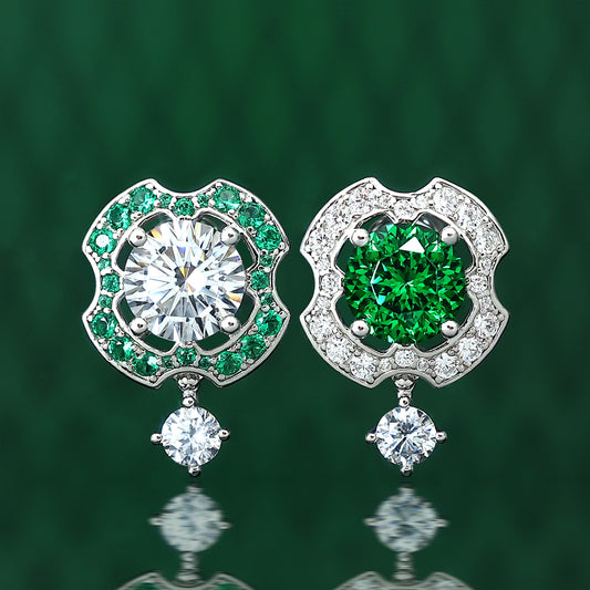 Diamanten in Mikrofassung, klare und grüne Diamanten, im Farblabor erstellte Steine. Schätze kommen aus allen Richtungen. Ohrringe, Sterlingsilber