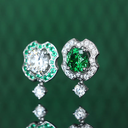 Micro-setting clear and Green diamonds color lab created stones Treasure come from all directions earrings, sterling silver