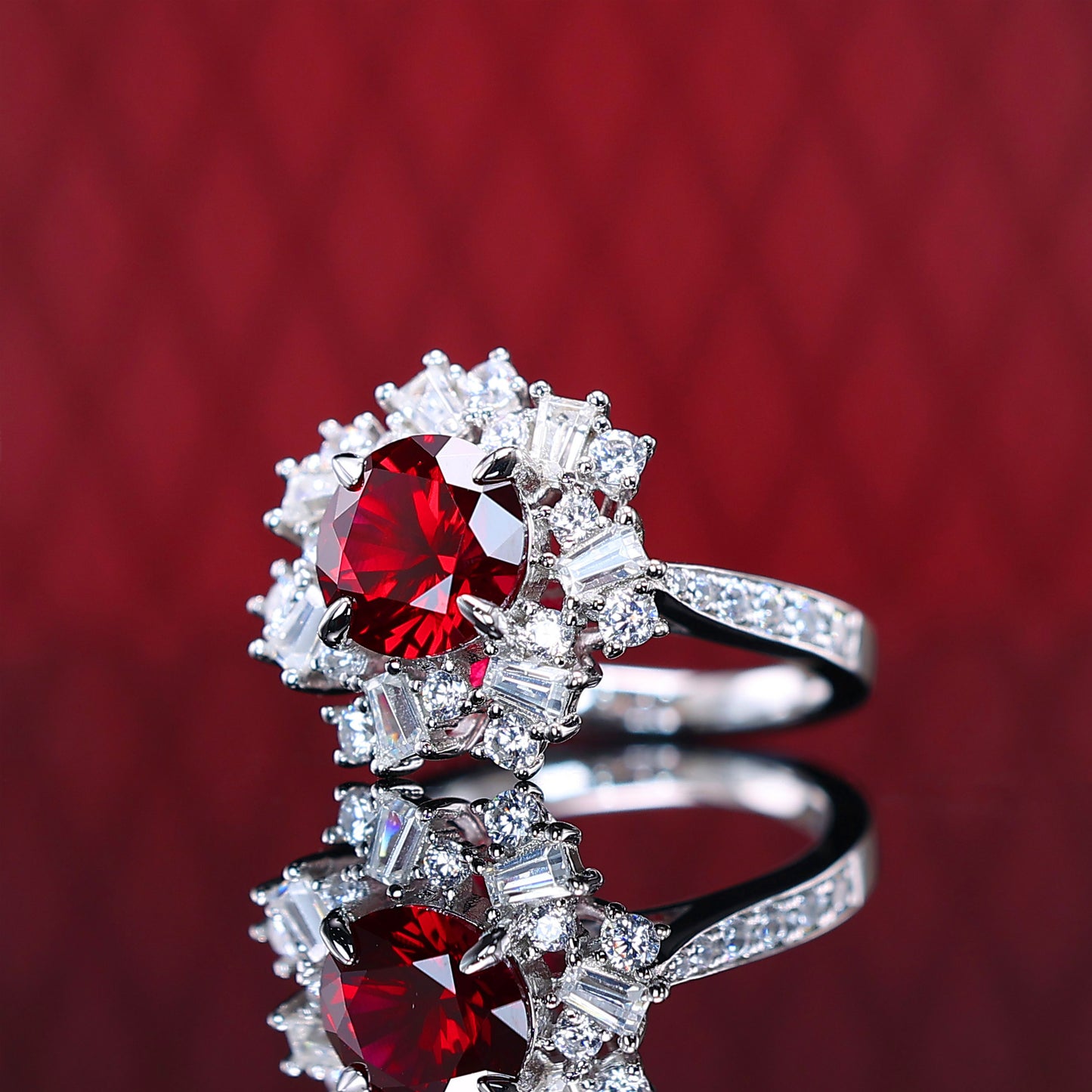 Micro-setting Ruby color irregular detailed ring, sterling silver