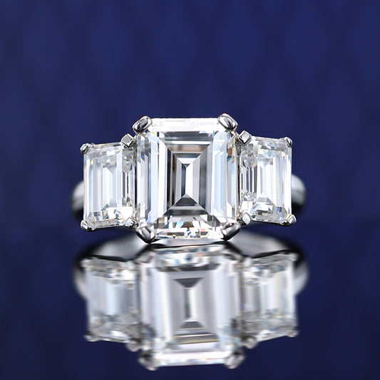 Micro-setting emerald-cut Lab created 3 stones ring, sterling silver