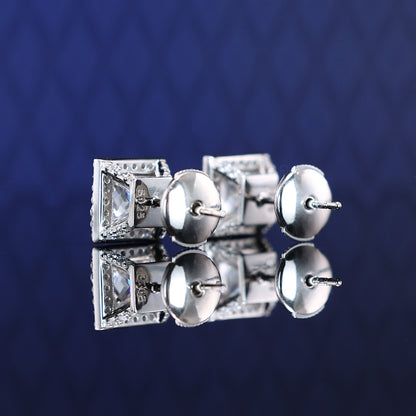 Micro-setting F color princess cut Lab created stones Square shape detailed ear studs, sterling silver.