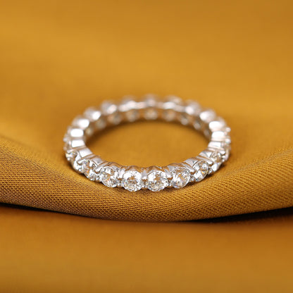 Micro-setting Rounds brilliant Lab created stones eternity band ring, sterling silver