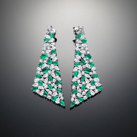 Micro-setting emerald color lab created stones triangle earrings, sterling silver.