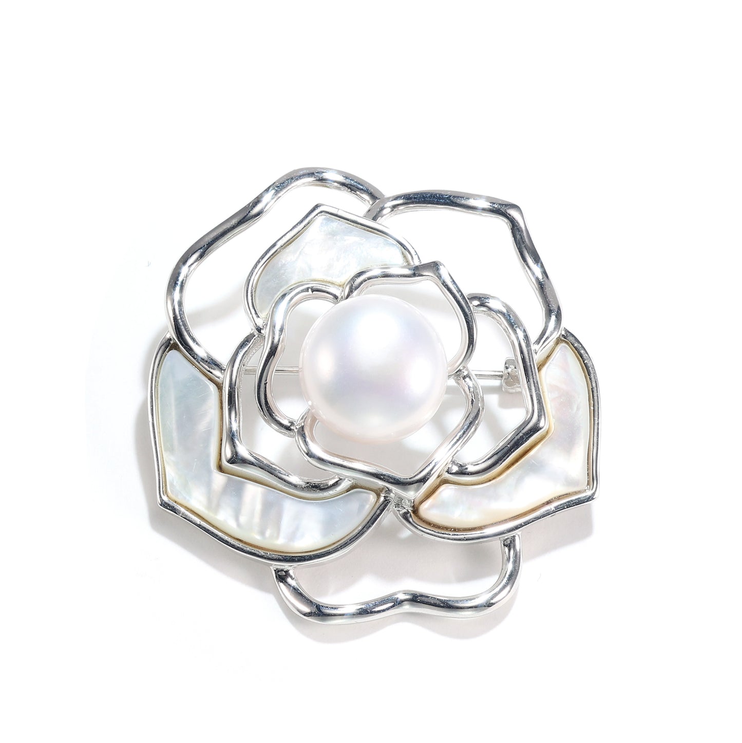 Reservation design White shell and Fresh water pearl Camellia brooch, sterling silver