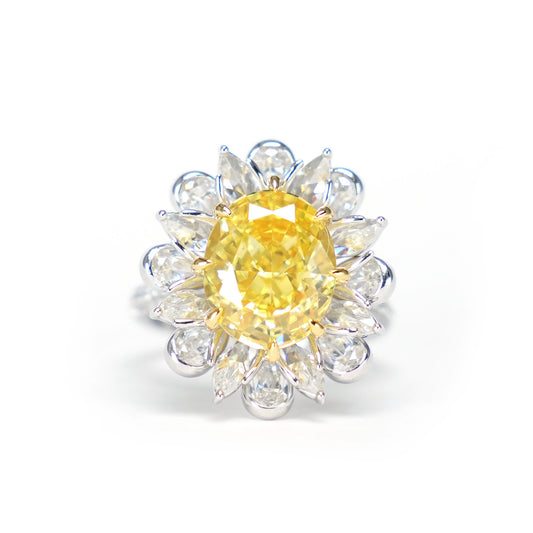 Micro-setting Oval vivid yellow color fancy Sunflower ring, sterling silver