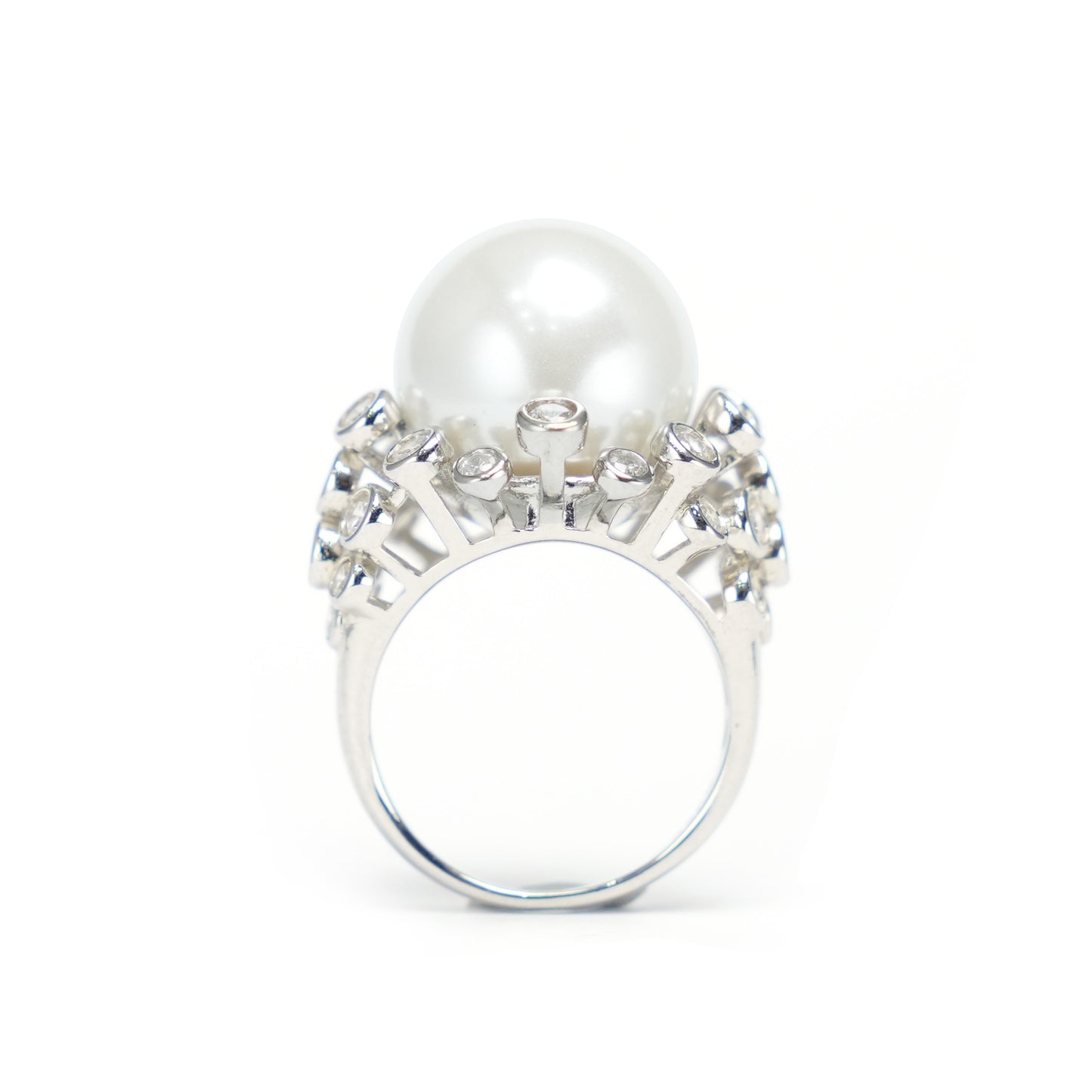 Micro-setting Lab created stones White Shell pearl Ring，sterling silver