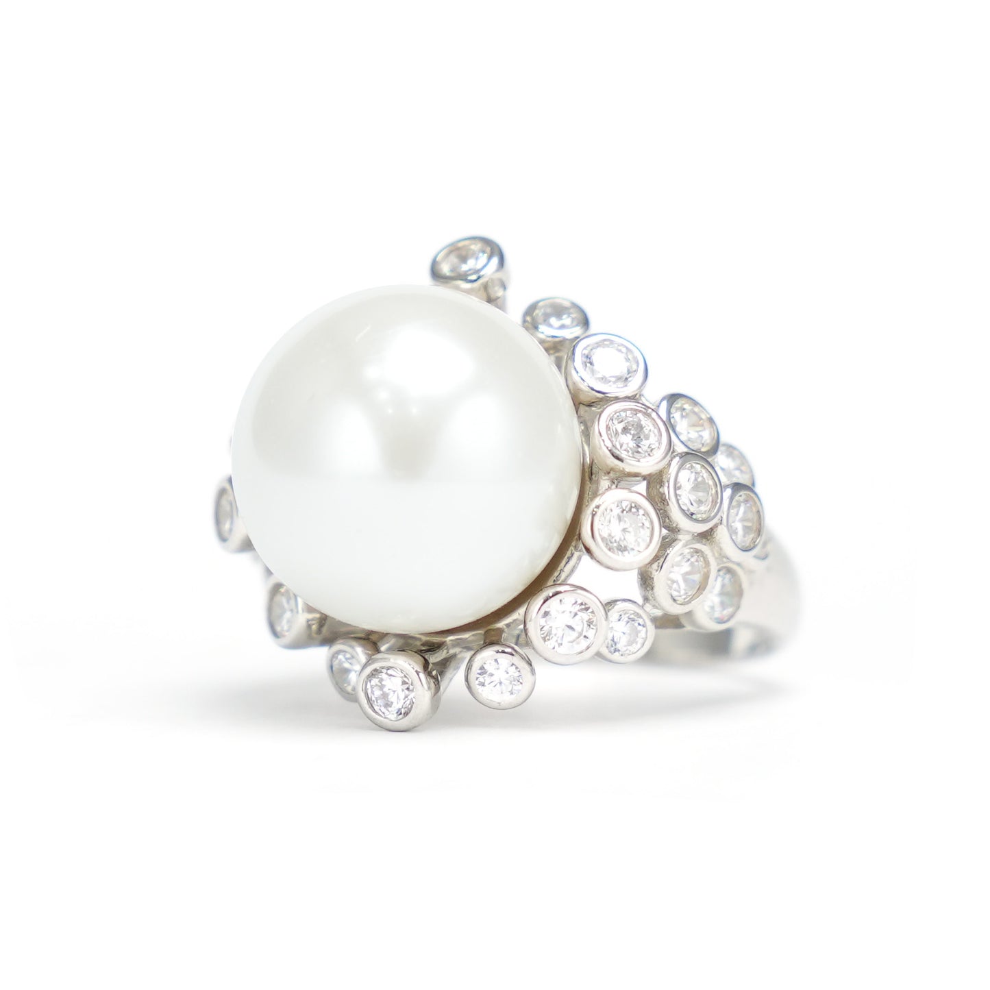 Micro-setting Lab created stones White Shell pearl Ring，sterling silver