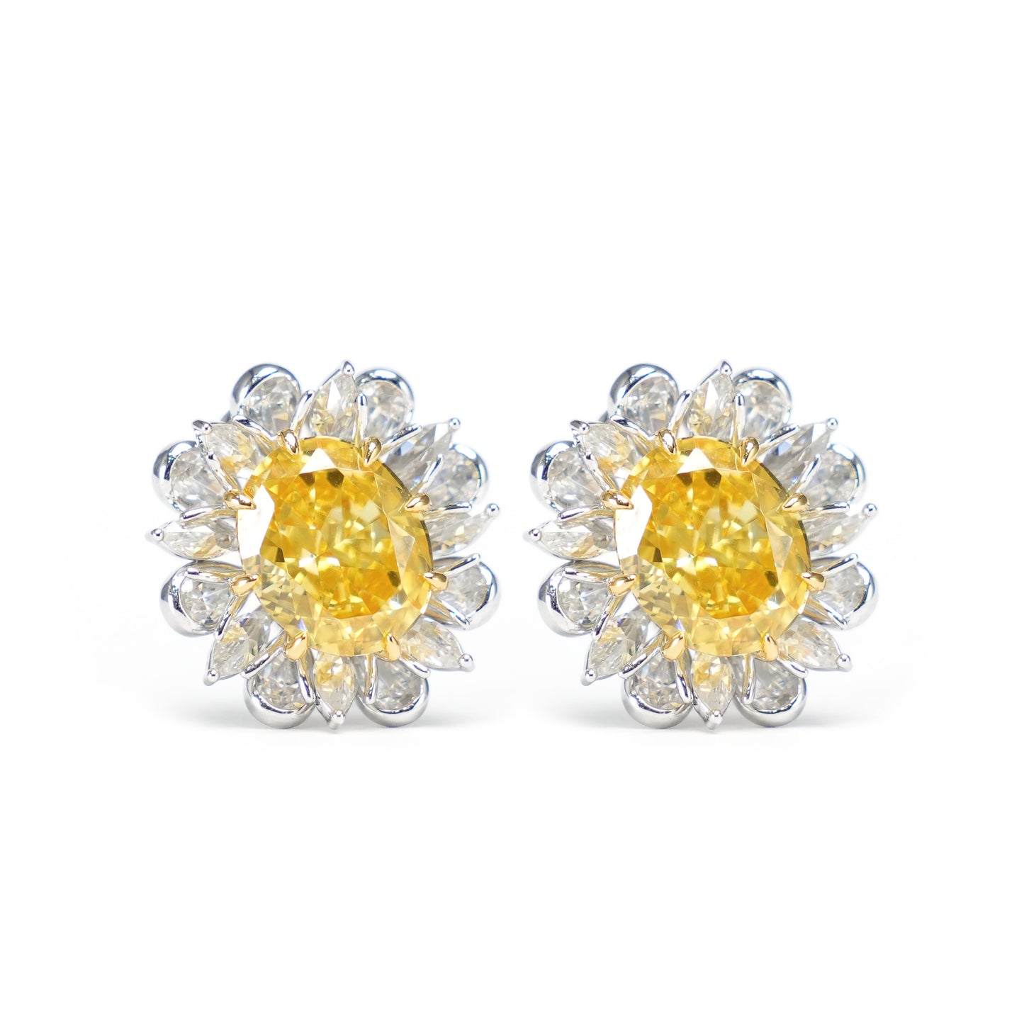 Boucles d'oreilles Tournesol fantaisie couleur jaune forme Ovale micro-serti, argent massif