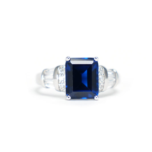 Micro-setting sapphire color emerald-cutting Lab created stones elegant ring,  sterling silver