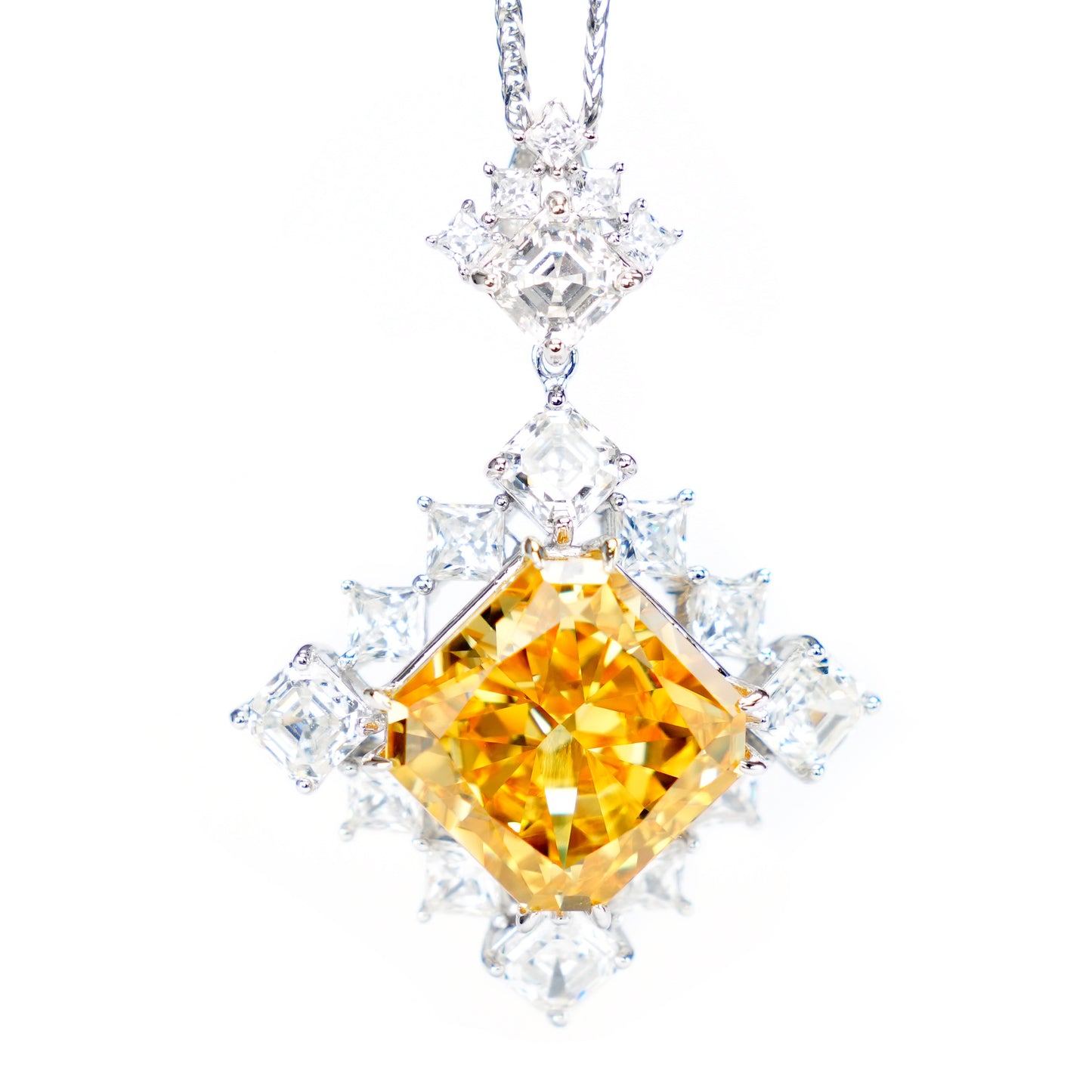 Micro-setting fancy yellow diamond color Lab created stones Shining stars necklace, sterling silver