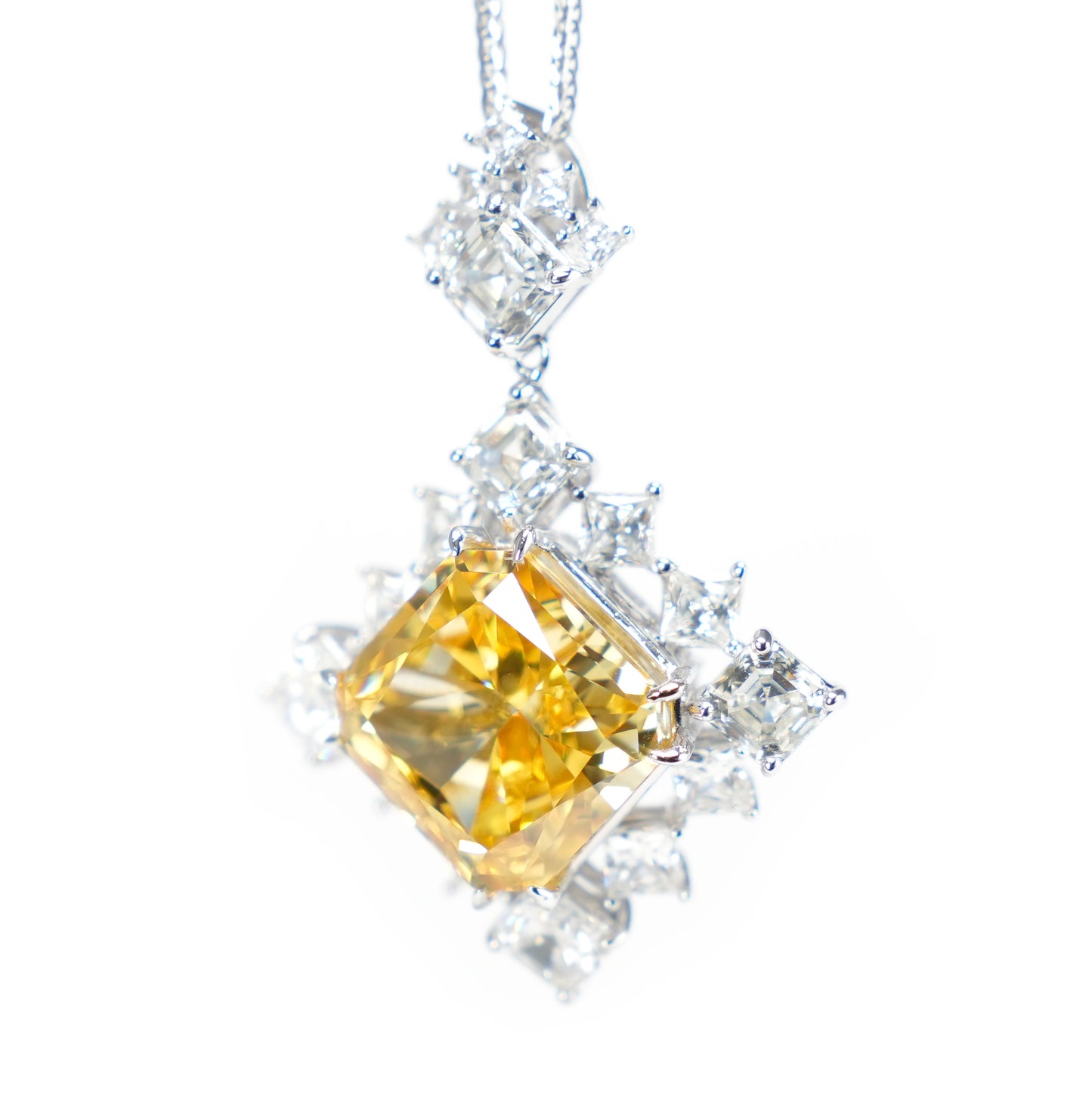 Micro-setting fancy yellow diamond color Lab created stones Shining stars necklace, sterling silver