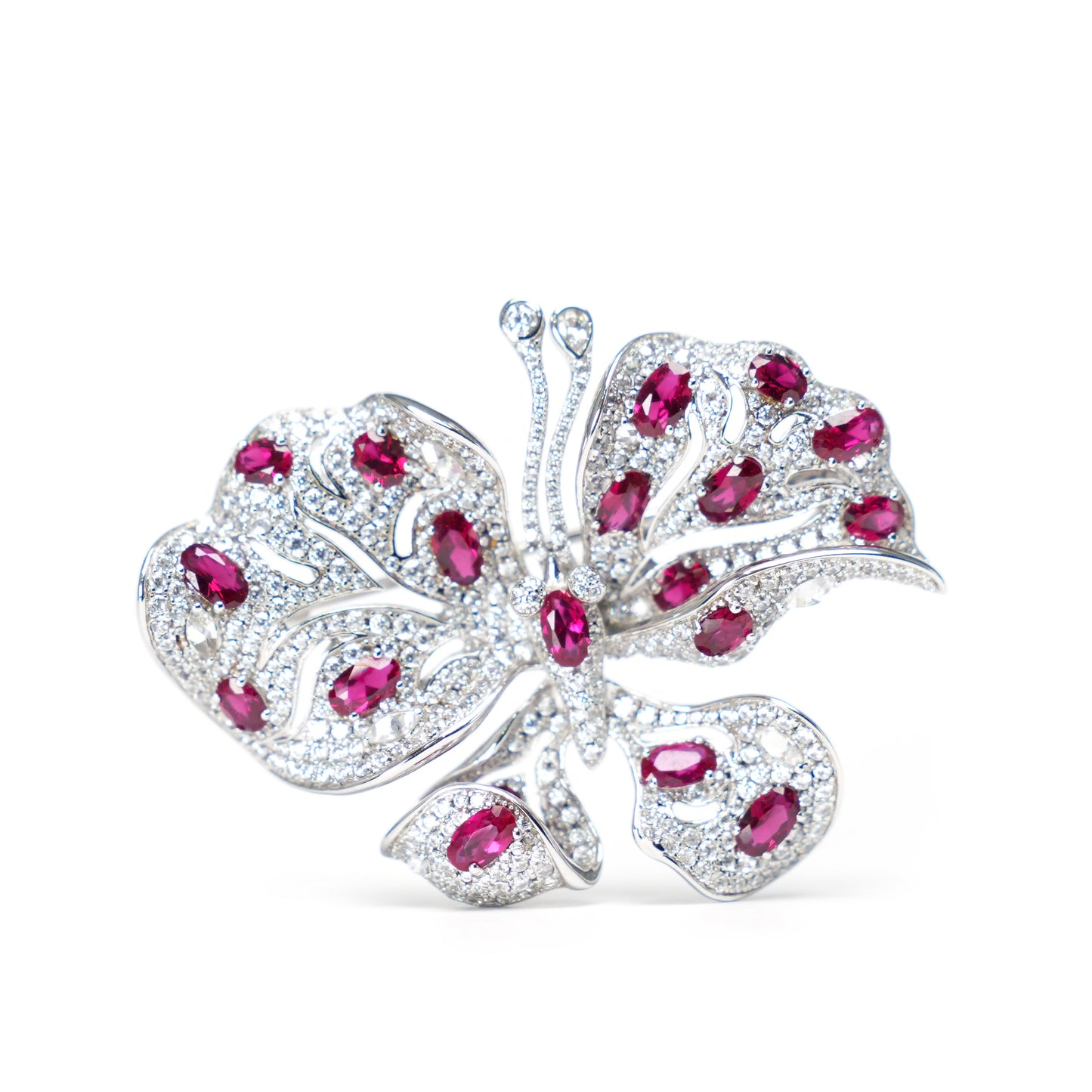 Micro-setting Fancy Ruby color Lab created stones butterfly brooch, sterling silver