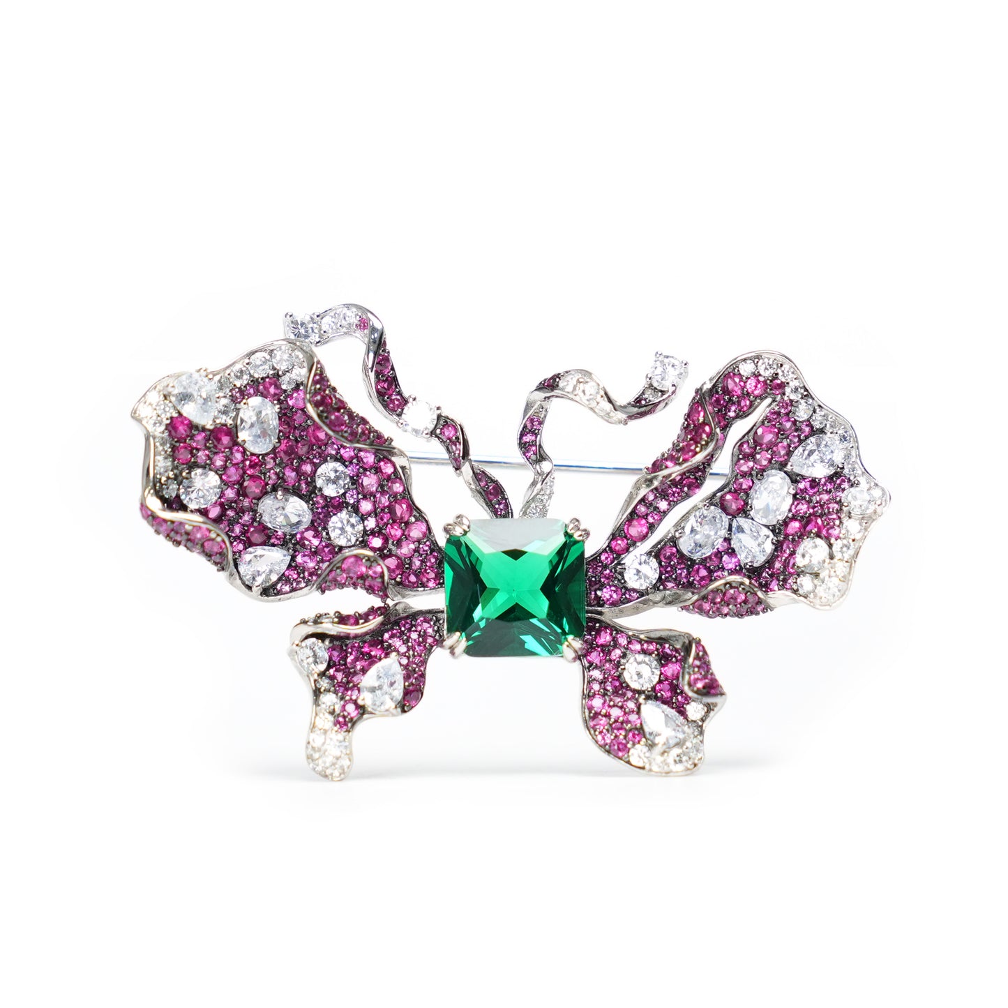 Customized Micro-setting emerald mixed color Lab created stones butterfly brooch, sterling silver