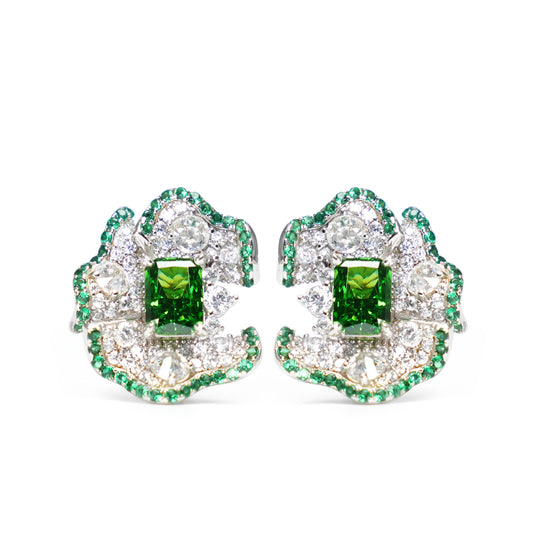 Micro-setting Tsavorite color Lab created stones fancy square rose cut clip earrings