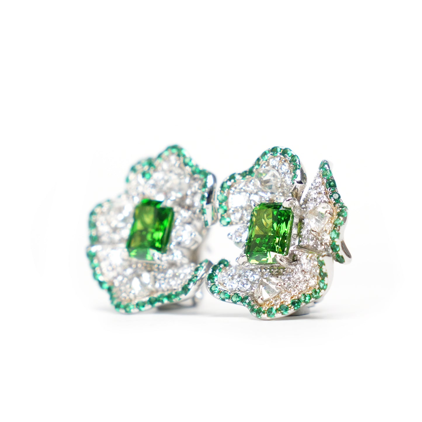 Micro-setting Tsavorite color Lab created stones fancy square rose cut clip earrings