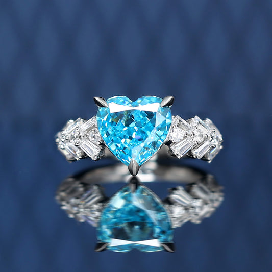 Micro-setting aquamarine color Lab created stones The heart of Cupid ring, sterling silver