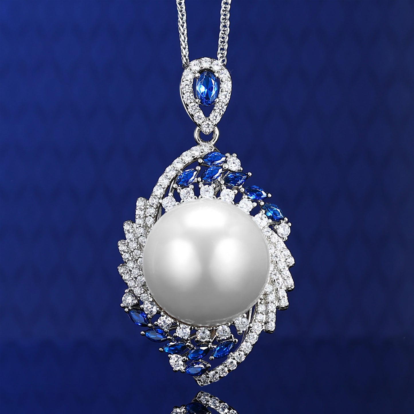 Micro-setting Sapphire color Lab created stones White shell pearl Rotate the stars necklace, sterling silver